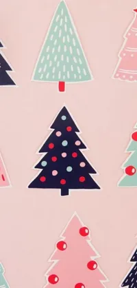 This Christmas live wallpaper showcases a group of paper Christmas trees in charming folk art style, featuring shades of pink and green for a cute and playful look