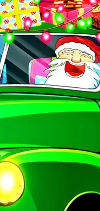 This dynamic live phone wallpaper depicts a stunning green car stocked to the brim with presents