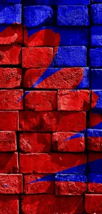 This colorful phone live wallpaper features a brick wall with a painted red leaf, inspired by aesthetics of unsplash, neoplasticism art movement, and Spiderman