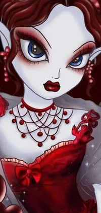 This gothic-inspired phone live wallpaper showcases a stunning digital art scene featuring a woman in a red dress holding a heart adorned with Swarovski crystals