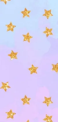 This phone live wallpaper boasts a stunning pink and blue gradient background adorned with gold stars of different sizes and shapes