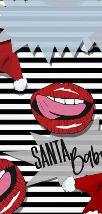 Get a bold and playful wallpaper for your phone with this black and white striped background featuring festive Santa hats and seductive red lips