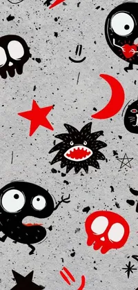 This phone live wallpaper showcases a collection of cartoon characters in a grayscale Tumblr-inspired background, highlighting bold black and red color tones