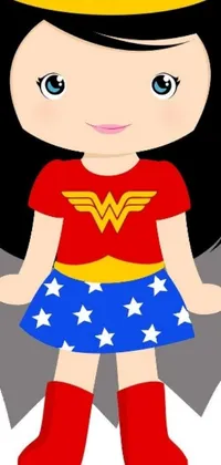 This playful phone live wallpaper features a colorful cartoon girl in a Wonder Woman costume
