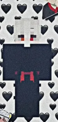This live wallpaper features a gothic-inspired pixel art image of a person with white hair surrounded by hearts of various sizes and colors