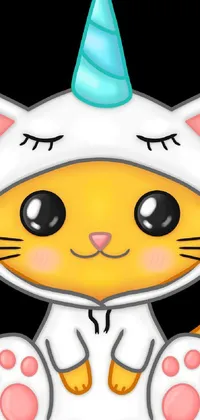 This cartoon cat live wallpaper features a lovable feline wearing a unicorn hat with a rainbow-colored mane and gold horn