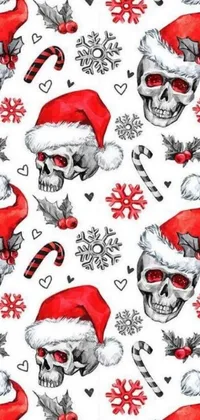 Looking for a bold, statement-making live wallpaper? Look no further than this gothically inspired pattern of skulls wearing festive Santa hats and candy canes! Available in a range of colors to fit your personal style, this ultra-detailed design combines elements of alternate culture and traditional holiday themes to create a unique and edgy vibe