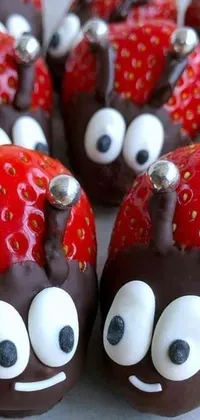 This live phone wallpaper features a playful and delicious group of chocolate covered strawberries with googly eyes