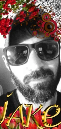 This live phone wallpaper features a black and white photograph of a stylish man with sunglasses, sporting a stunning beard and standing amidst a floral background