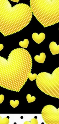 This live phone wallpaper showcases a beautiful blend of yellow hearts against a black computer-generated background