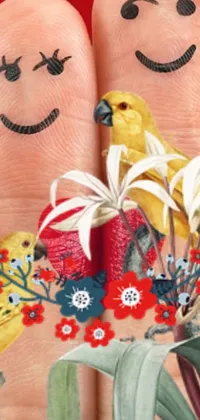 Looking for a fun and quirky phone live wallpaper? Check out this colorful design with smiley-faced fingers surrounded by tropical birds and an eye-catching collage created from popular magazines