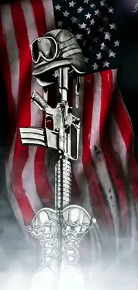 Looking for a patriotic and bold live wallpaper for your phone? Check out this dynamic image featuring a powerful machine gun resting on top of the American flag