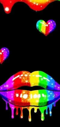 This live wallpaper for your phone features a glossy rainbow lips design with a heart accent, set against a black background