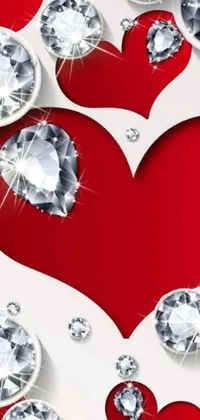 This stunning live wallpaper features a heart surrounded by glittering diamonds on a rich red background