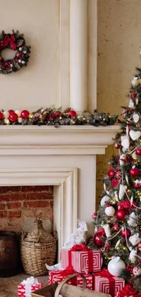 Enhance your phone's appearance with a vibrant Christmas live wallpaper featuring a beautifully decorated tree in front of a crackling fireplace