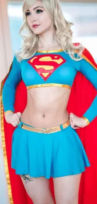 This live wallpaper showcases a woman in a Superman-inspired suit striking a confident pose for a photo
