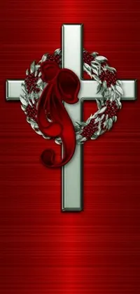 This live wallpaper design features a striking silver cross with a red ribbon on a vibrant red background