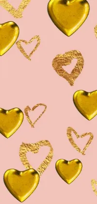 This phone live wallpaper showcases a delightful design of golden hearts adorned upon a soft pink background