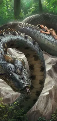 This phone live wallpaper captures a stunning scene of fantasy art, featuring a woman lounging on top of a massive serpent