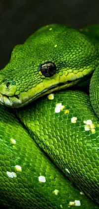 This phone live wallpaper depicts a close-up of a vibrant green snake coiled on a branch