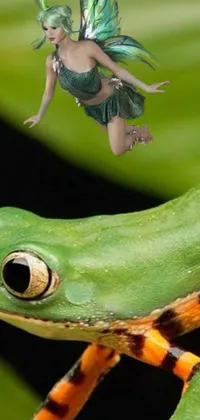 This lively phone live wallpaper features a captivating close-up of a frog sporting a colorful fairy on its back as they frolic across a surreal and magical world