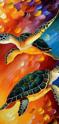 This phone live wallpaper showcases two turtles gracefully swimming in the ocean amidst multicolored, turbocharged waves