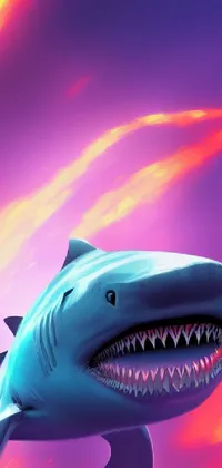 The phone live wallpaper features a close-up of a fierce shark with its jaws open