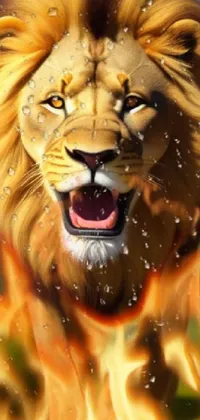 This live wallpaper showcases a striking image of a lion engulfed in flames