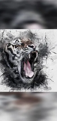 This phone live wallpaper showcases an impressive image of a roaring tiger, rendered in black watercolour style