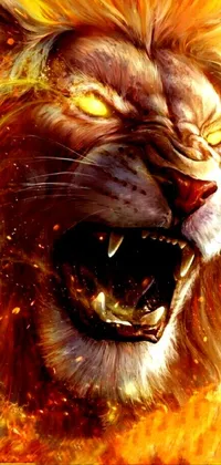 This live phone wallpaper depicts a close-up of a roaring lion's face with a background of fiery flames in gold tones