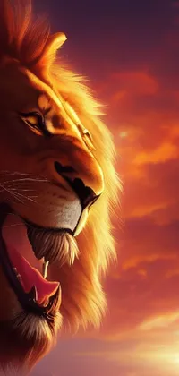 This phone live wallpaper features a stunning digital painting of a lion's face with a breath-taking sunset in the background
