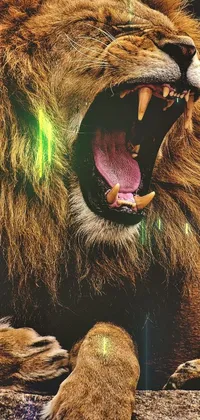 This live phone wallpaper showcases a fierce and striking neo-primitivist poster art of a lion with its mouth wide open