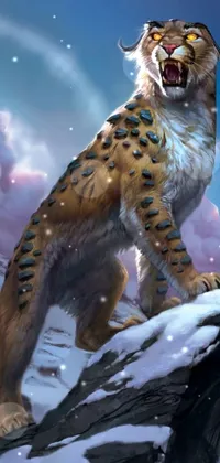 This mobile live wallpaper showcases a stunning humanoid cheetah with intricate fur textures and patterns standing atop a snow-covered mountain