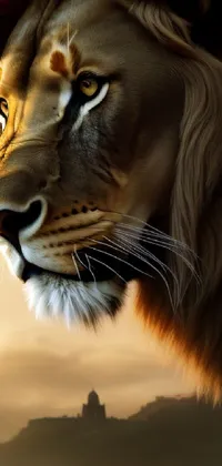 This stunning phone live wallpaper features a fierce lion's close up portrait with a mountain backdrop