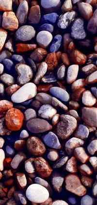 This phone live wallpaper features a striking depiction of a pile of rocks on a colorful beach