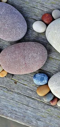 This phone live wallpaper showcases a serene view of rocks atop a wooden bench on a beach