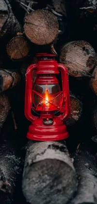 This live phone wallpaper depicts a glowing red lantern sitting atop a pile of logs, providing a warm and inviting ambiance