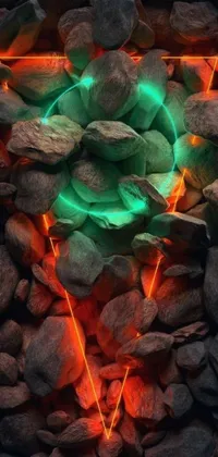 This phone live wallpaper showcases an striking green ring floating atop a pile of rocks while glowing lava emanates from beneath