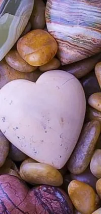 This phone live wallpaper features a heart-shaped stone sitting on top of a pile of rocks