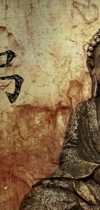 Enhance your phone's appearance with this stunning live wallpaper featuring the image of a Buddha statue seated against a textured wall with Japanese kanji text
