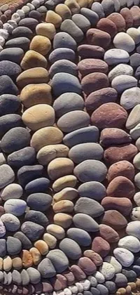 This stunning phone live wallpaper features a colorful circle of rocks on a sandy beach backdrop