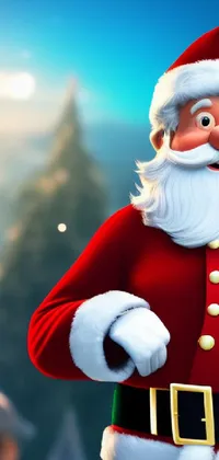 Get in the festive mood with this live wallpaper for your phone featuring a Santa Claus standing in front of a beautifully decorated Christmas tree