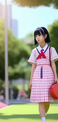 A lovely sakura season live wallpaper for your mobile phone featuring a female student in a classic uniform carrying a bright red suitcase with a stunning 3D statue frame