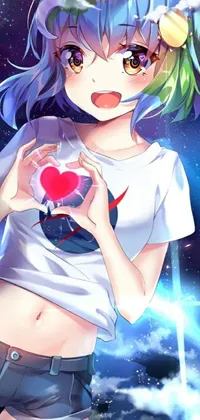 This live wallpaper features an anime girl holding a heart in her hands, with a design inspired by space art and 2D characters
