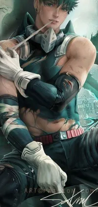 Get the best cyberpunk fantasy art phone live wallpaper featuring a mysterious man with green hair hugging his knees on a bench
