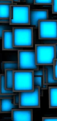 This live phone wallpaper features a geometric pattern of blue squares on a black background with a white center border