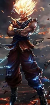 The mobile wallpaper portrays a fierce scene with a man wearing traditional clothes standing boldly in a stormy sky, while a dragon sits on his back
