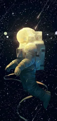 This live wallpaper features a person in a space suit floating weightlessly amid a backdrop of stars and galaxies