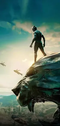 Experience the thrill of Afrofuturism with this heroic live wallpaper for your phone! Featuring a bold man in a black panther suit leaping off a cliff, this 1080p picture is sure to impress