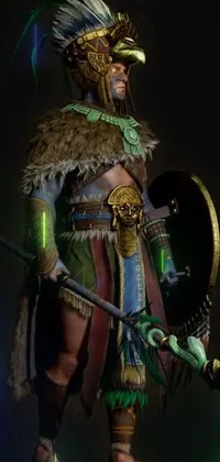This phone live wallpaper features a fierce Aztec warrior, depicted in green battle armor and wielding a sword and shield
